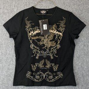 Harley Davidson Metallic Eagle Graphic Womens Tee Shirt Black Gold Embellished L
